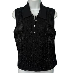 Vintage Banana Republic Black Merino Wool Beaded Sleeveless Polo Sweater Tank L